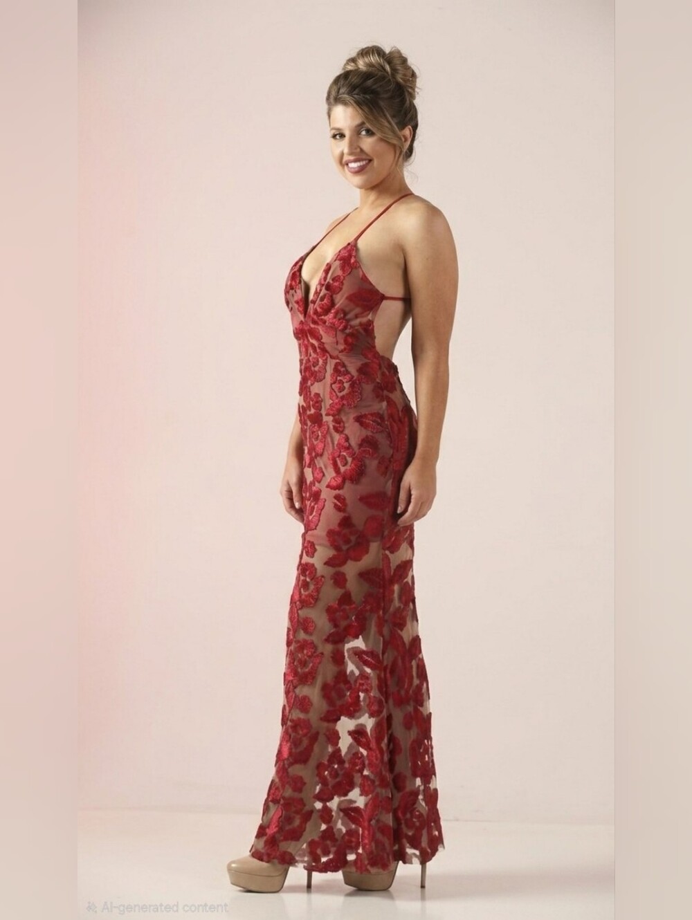 Starlette Red Velvet Floral Sheer Mesh Maxi Dress - Open Criss-Cross Back (Size